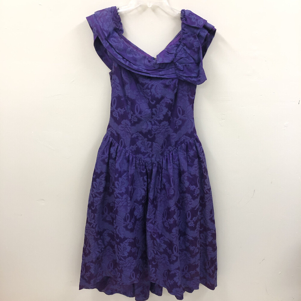 Vintage Purple Floral Colorful Ruffle Dress Womens Prom Gown 60s 70s USA made